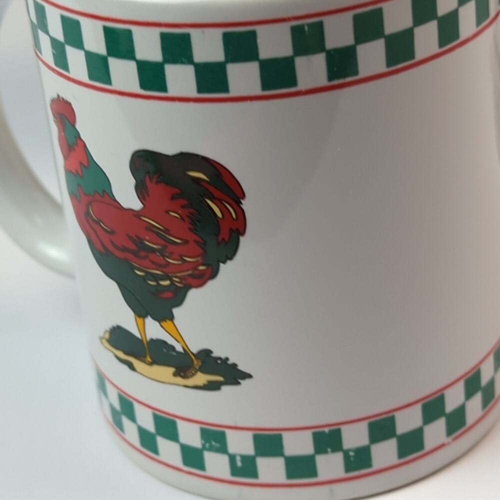 Vintage Farmhouse Rooster Coffee Mug Set White Cups Green Checkered Border - Picture 8 of 11